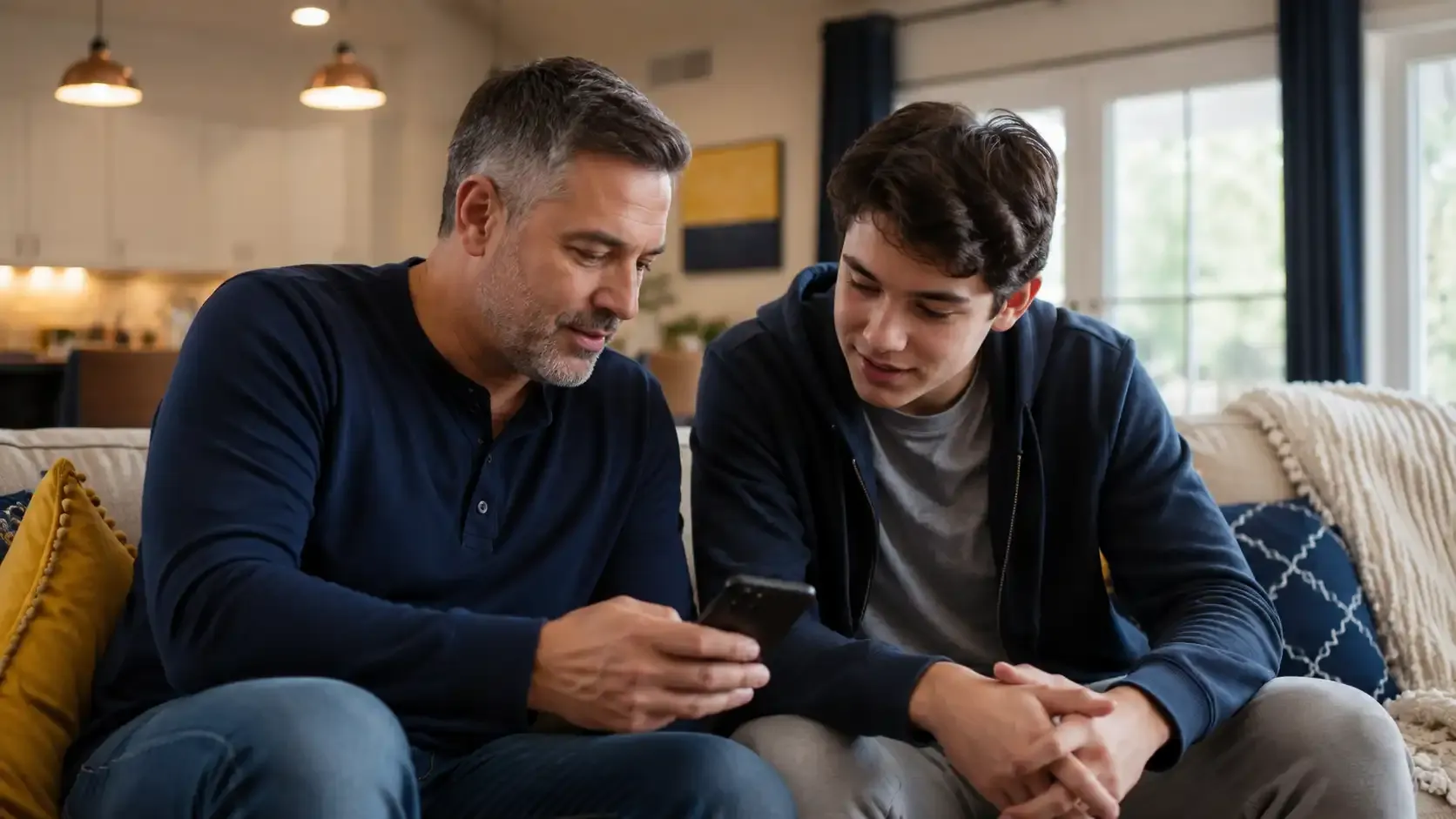 A parent and teen sitting together on the couch, reviewing a recent drive on a phone
