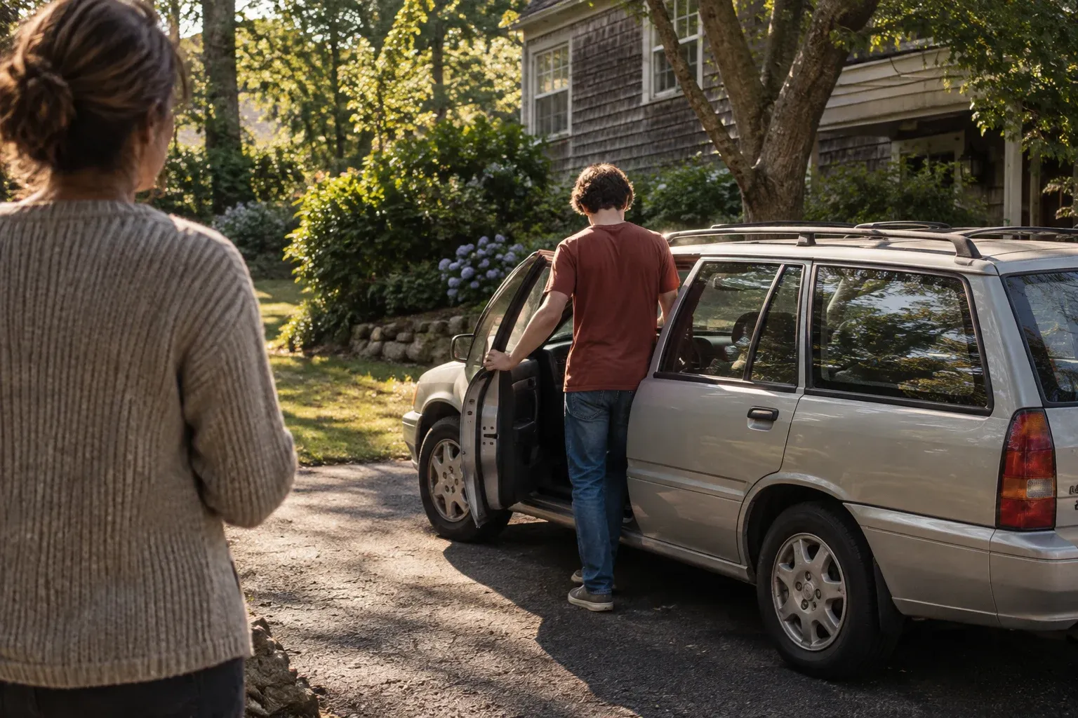 Campaign illustration of a parent watching a new driver get into a parked car.