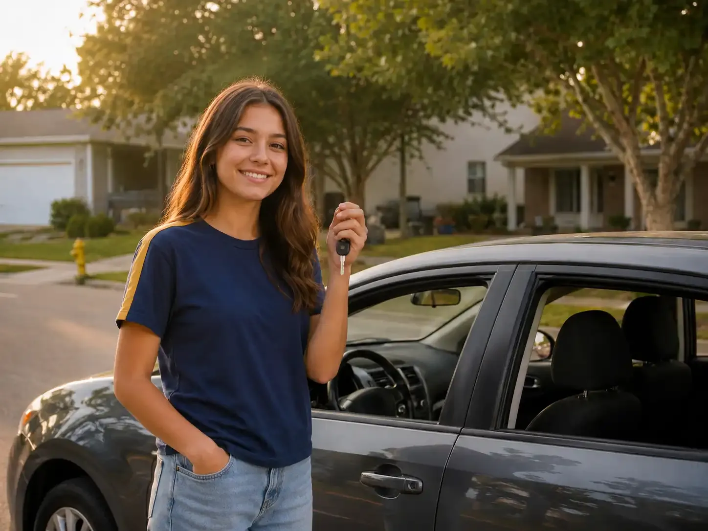A newly licensed teen smiling outside, holding the keys to their first car