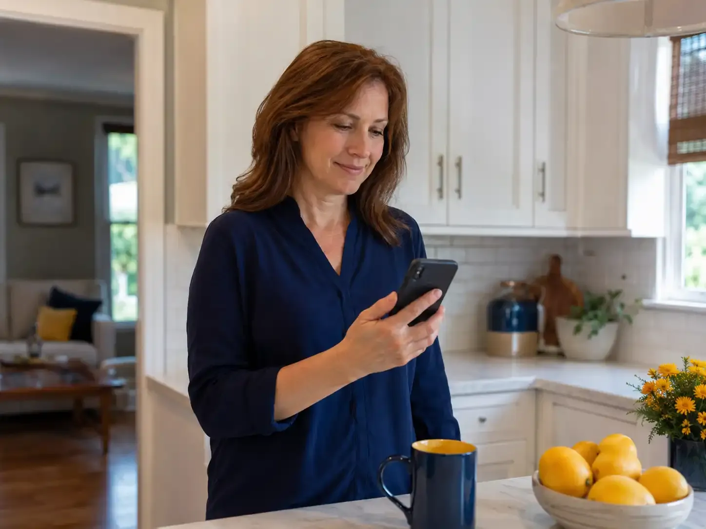 A parent checking the WingMiles app on her phone at home, reassured her teen arrived