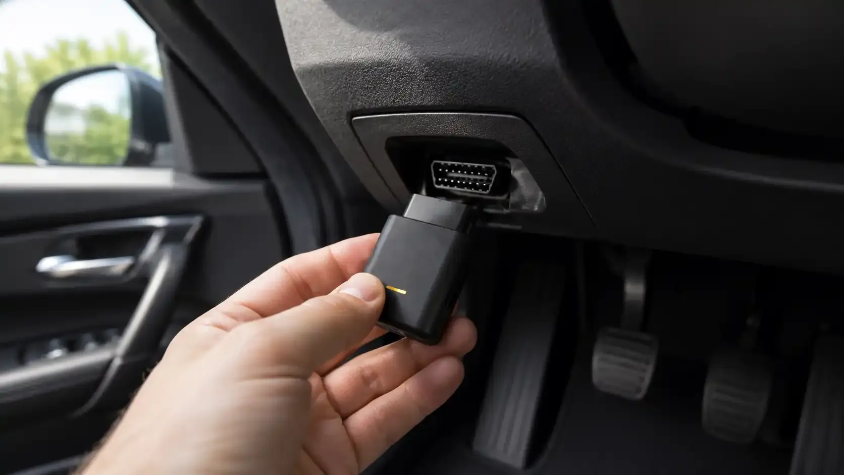 A small WingMiles GPS device plugging into a car's OBD-II port beneath the dashboard